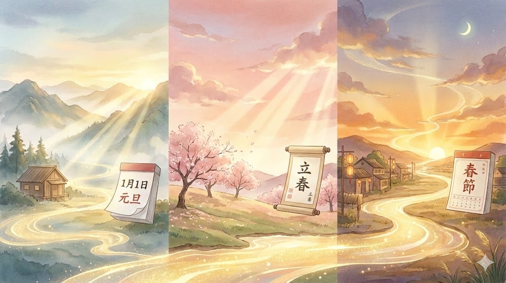 太陽暦（元旦）、二十四節気（立春）、太陰太陽暦（春節）。三つの新年が約一ヶ月の間に並ぶ稀有な年。それぞれの暦が持つ意味と、人生にとっての「時間」の智慧を探る。
