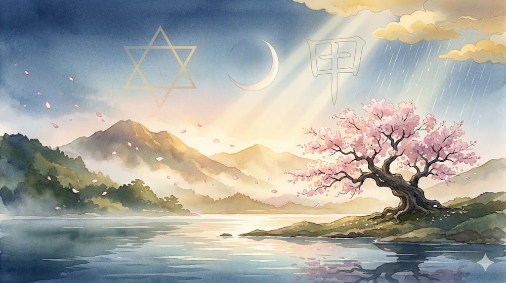 易経の得卦・六十干支・二十四節気・月齢——4つの宇宙リズムが織りなす約276万通りの組み合わせ。一日一日が唯一無二の物語であることを伝える、Mission Bridgeの核心メッセージ。