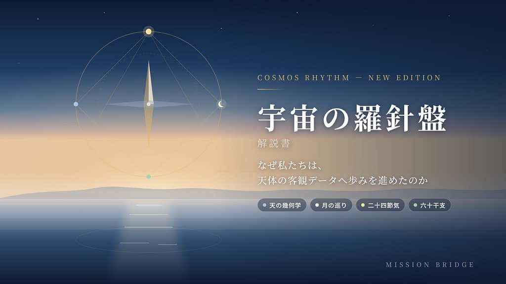朝霧に包まれた夜明けの水面と、天球に描かれた羅針盤と4つのリズム。Mission Bridge「宇宙の羅針盤」解説。