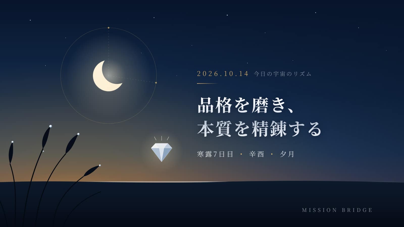 寒露の夕暮れ、薄の葉先に宿る露と、西空に輝く夕月。地平近くに光を放つ珠玉の結晶を描いた、2026年10月14日の宇宙のリズム「品格を磨き、本質を精錬する」のアイキャッチ。